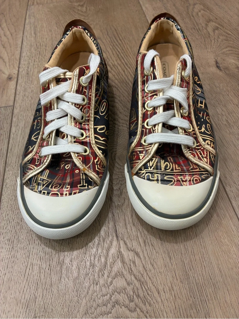 Coach Barrett plaid graffiti gold metallic low top sneakers